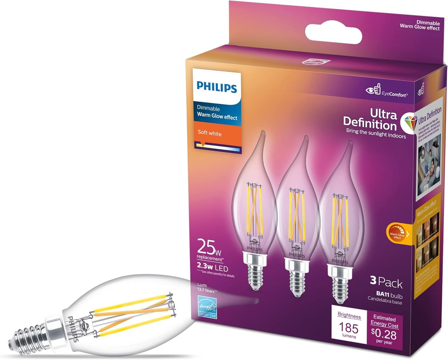PHILIPS LED 25W BA11 E12 Base 3-Pack Ultra Definition Soft White (2700K) 185 Lumen (2.3W = 25W) Dimmable Clear Flicker-Free Cand