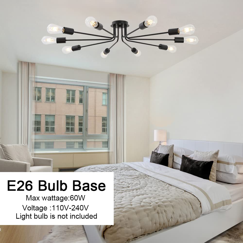Tuluce 10 Lights Ceiling Light Vintage Metal Semi Flush Mount Light Ceiling Lamp Black Chandelier Lighting Fixture For Living Ro