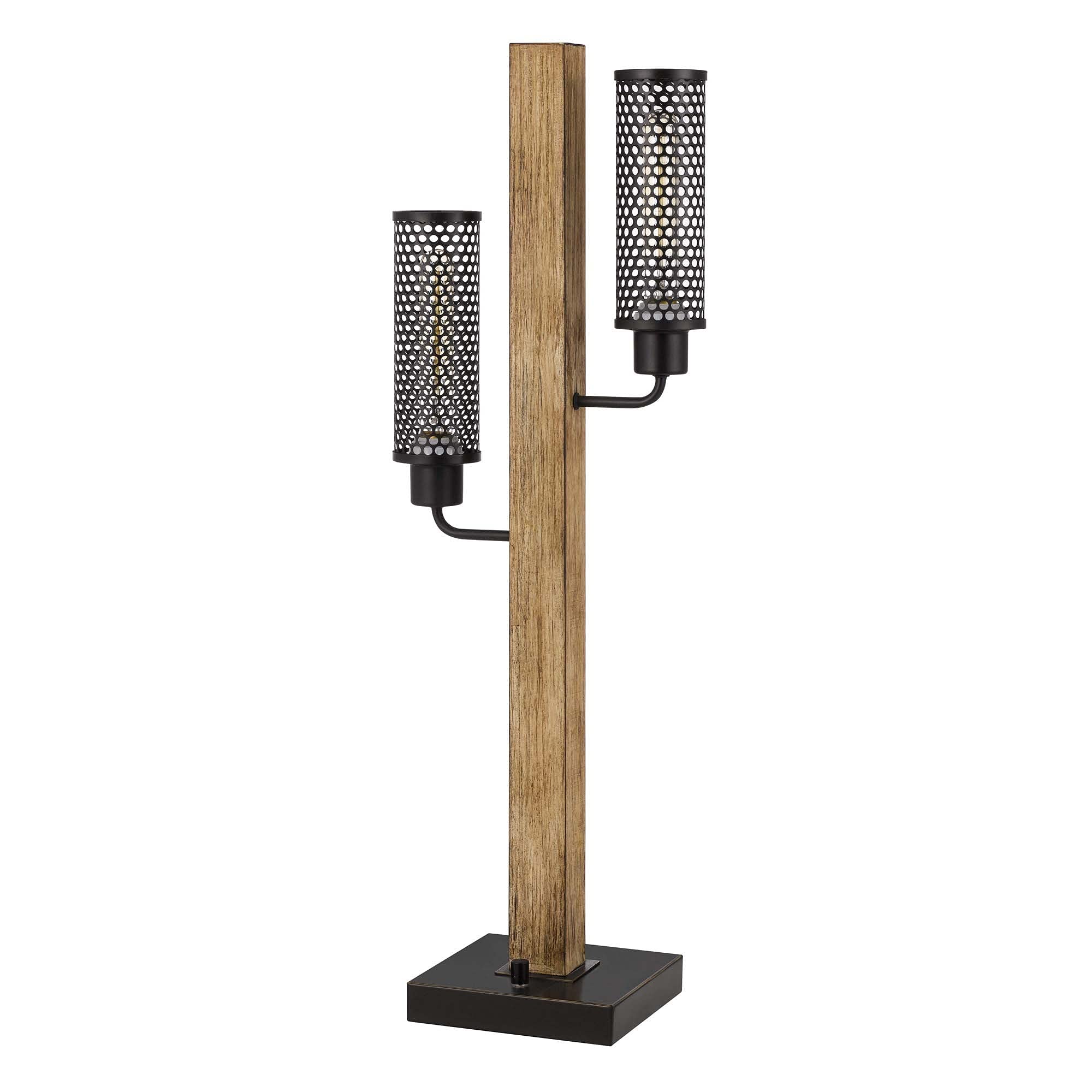 Benzara Wooden Table Lamp with 2 Metal Mesh Shades, Model BM241805, Brown and Black