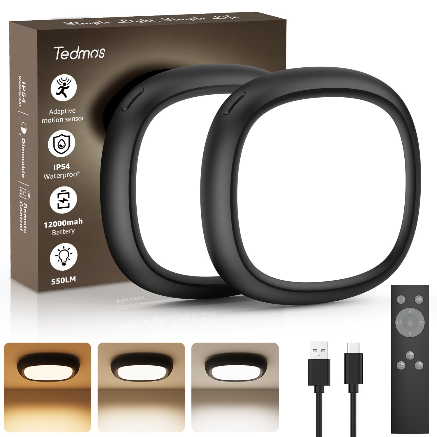 Tedmos Motion Sensor Ceiling Light, 2 Pack, Rechargeable, Wireless, Indoor LED, Black, Model aaa96184-8e31-4d29-804a-ccd5412b