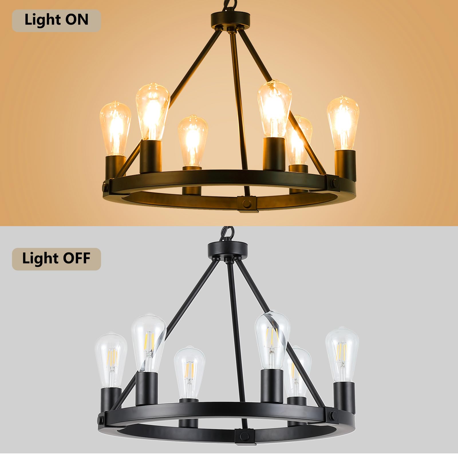 9MMML 6-Light Black Wagon Wheel Chandelier, Industrial Metal Pendant Light for Living Room, Bedroom, Entryway, Model 8003