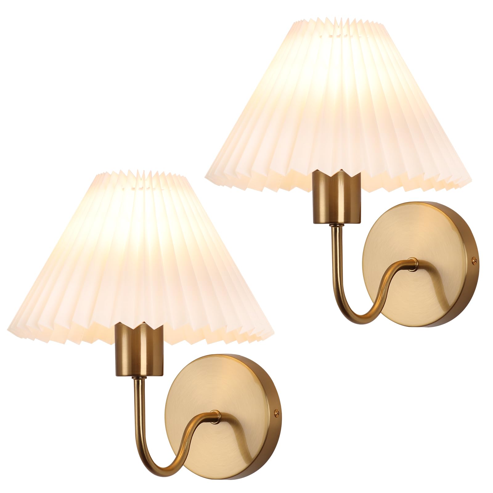 Brushed Brass Wall Sconces Sets of 2 With White Pleated lampshade, Indoor Gooseneck Gold Wall Lamp Lighting, Bathroom Dresser Ha