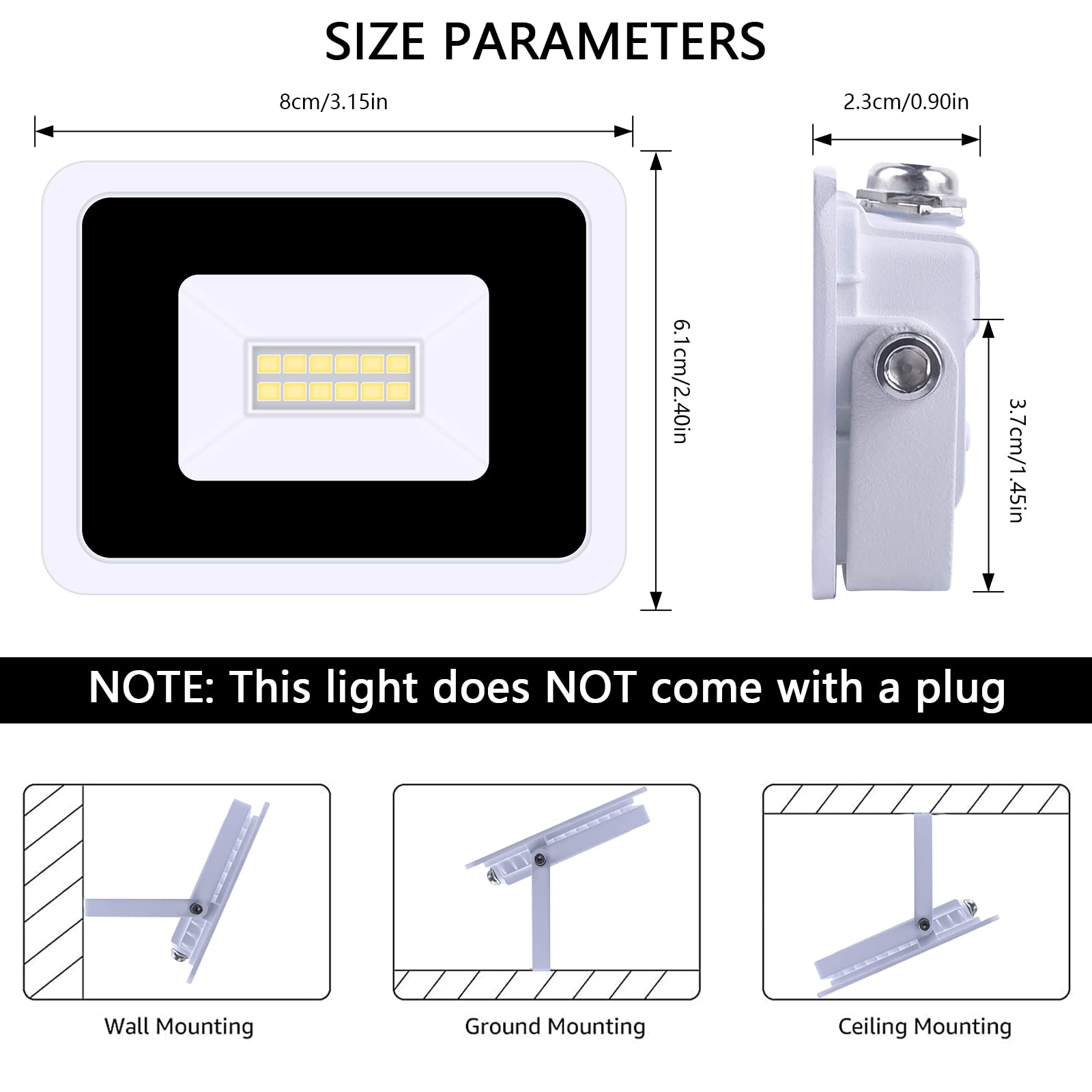 MIHEAL LED Flood Light 10W, IP68 Waterproof, Cool White, Metal, Outdoor Security Lighting for Yard, Garden, Playground, Basketball Court