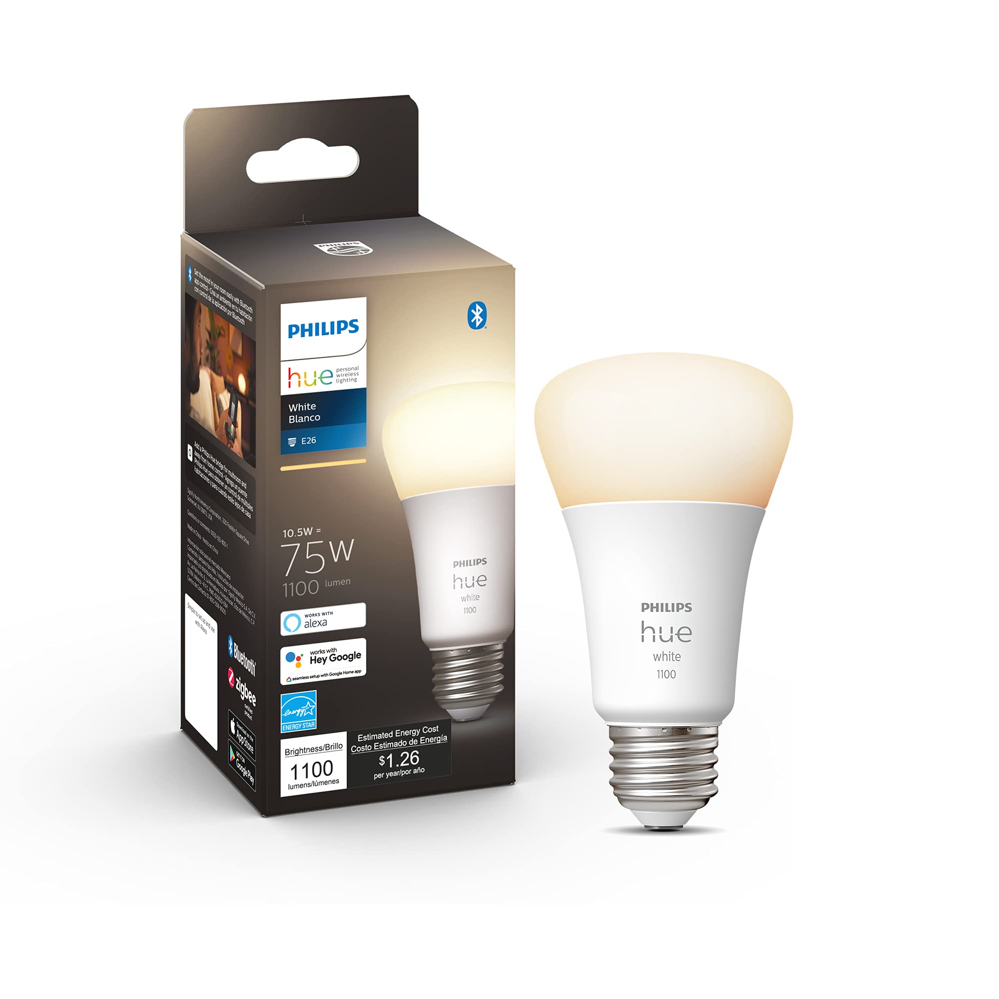 Philips Hue White A19 Medium Lumen Smart Bulb, 1100 Lumens, Bluetooth & Zigbee Compatible (Hue Hub Optional), Works With Alexa &