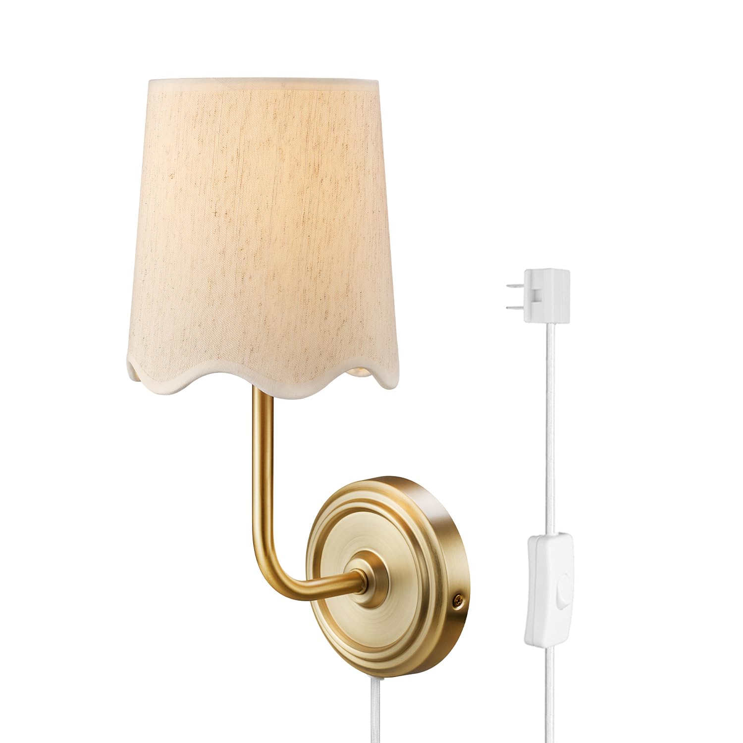 Novogratz x Globe 1-Light Hardwire or Plug-in Wall Sconce, Matte Brass, White Fabric Shade, in-Line Rocker Switch, 6 Ft Fabric C