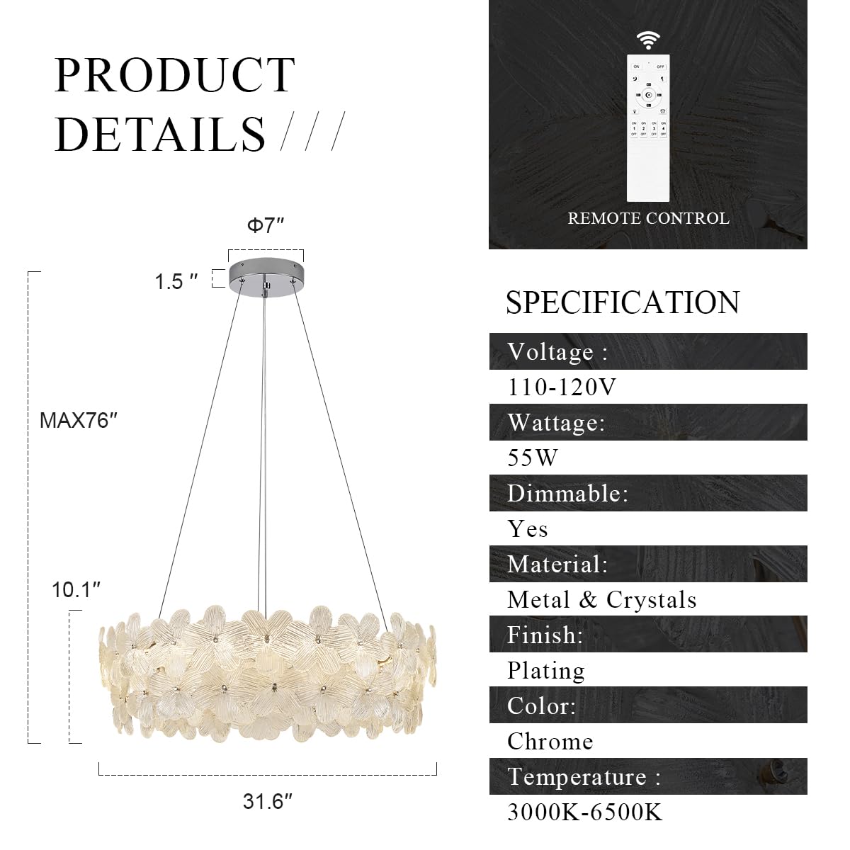 Poemoon 32'' Flower LED Chandelier, Chrome, Dimmable, Remote Control, Modern Lighting for High Ceilings, Model P50-800C1