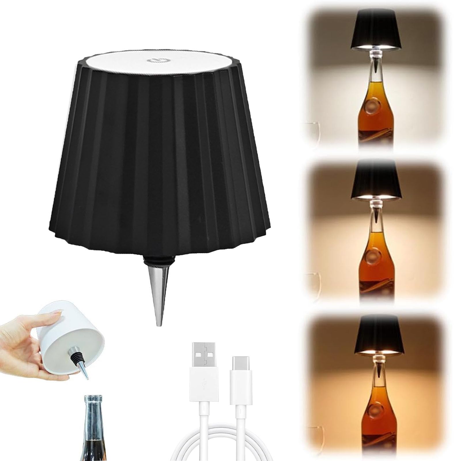 zmiao Wireless Bottle Lamp, Portable LED Touch Table Lamp, Rechargeable, 3 Light Modes, Black-A