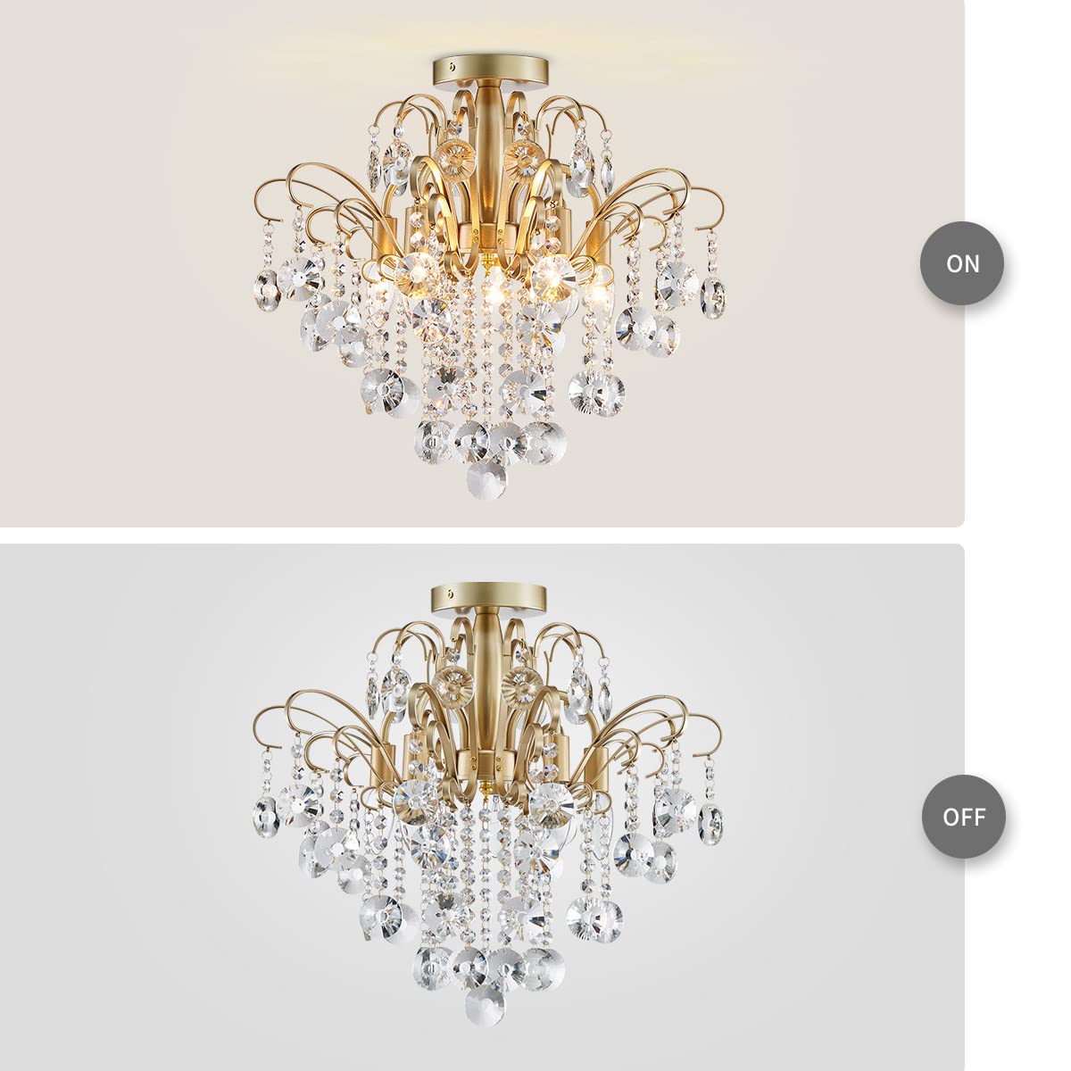 Wuzups Gold Crystal Chandelier Flushmount Ceiling Light, 17.5&quot; H X 19.3&quot; W, E12