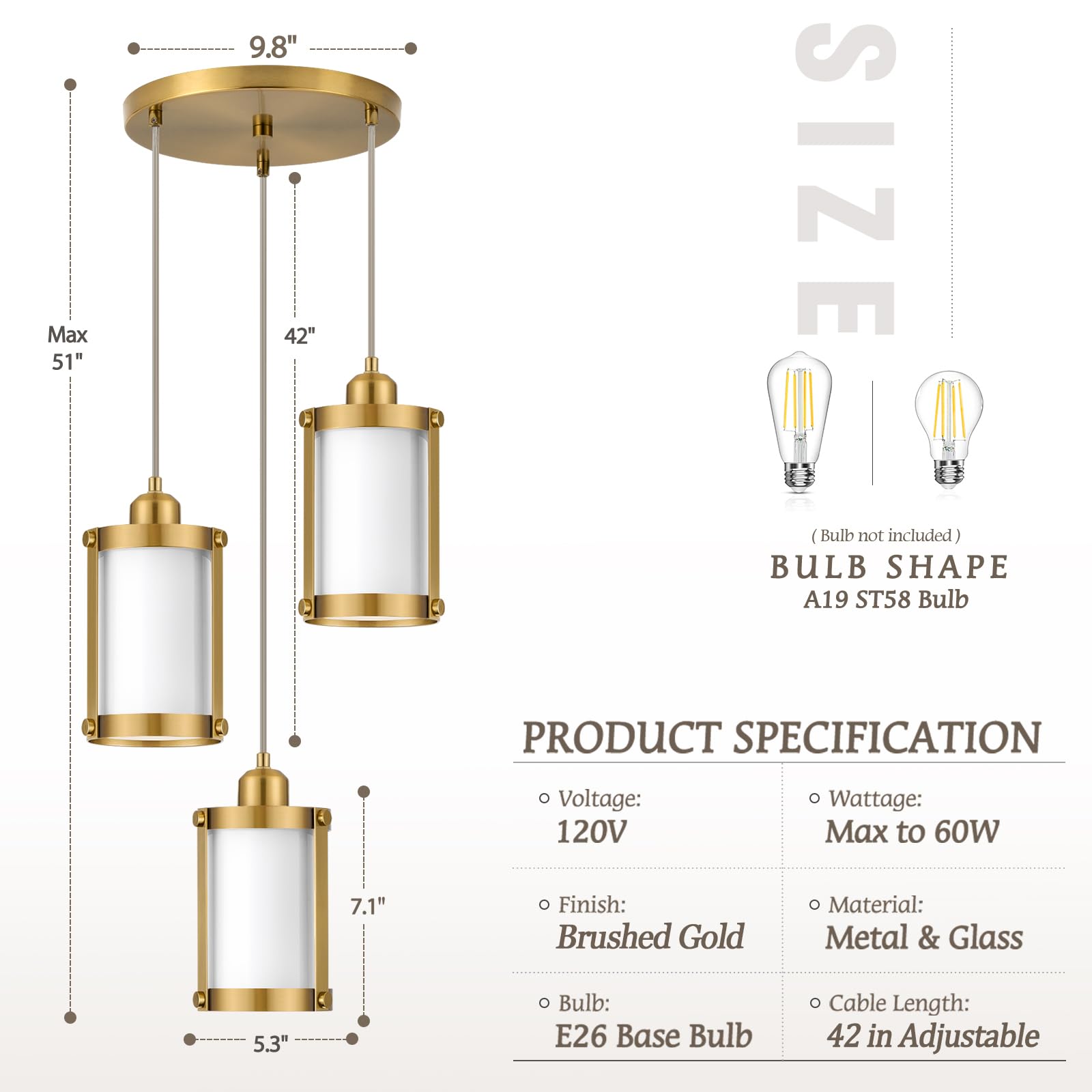 Osimir 3-Light Pendant Lighting, Brushed Gold Dining Room Chandelier Light Fixture Over Table With Milk Glass, Modern Cluster Ha