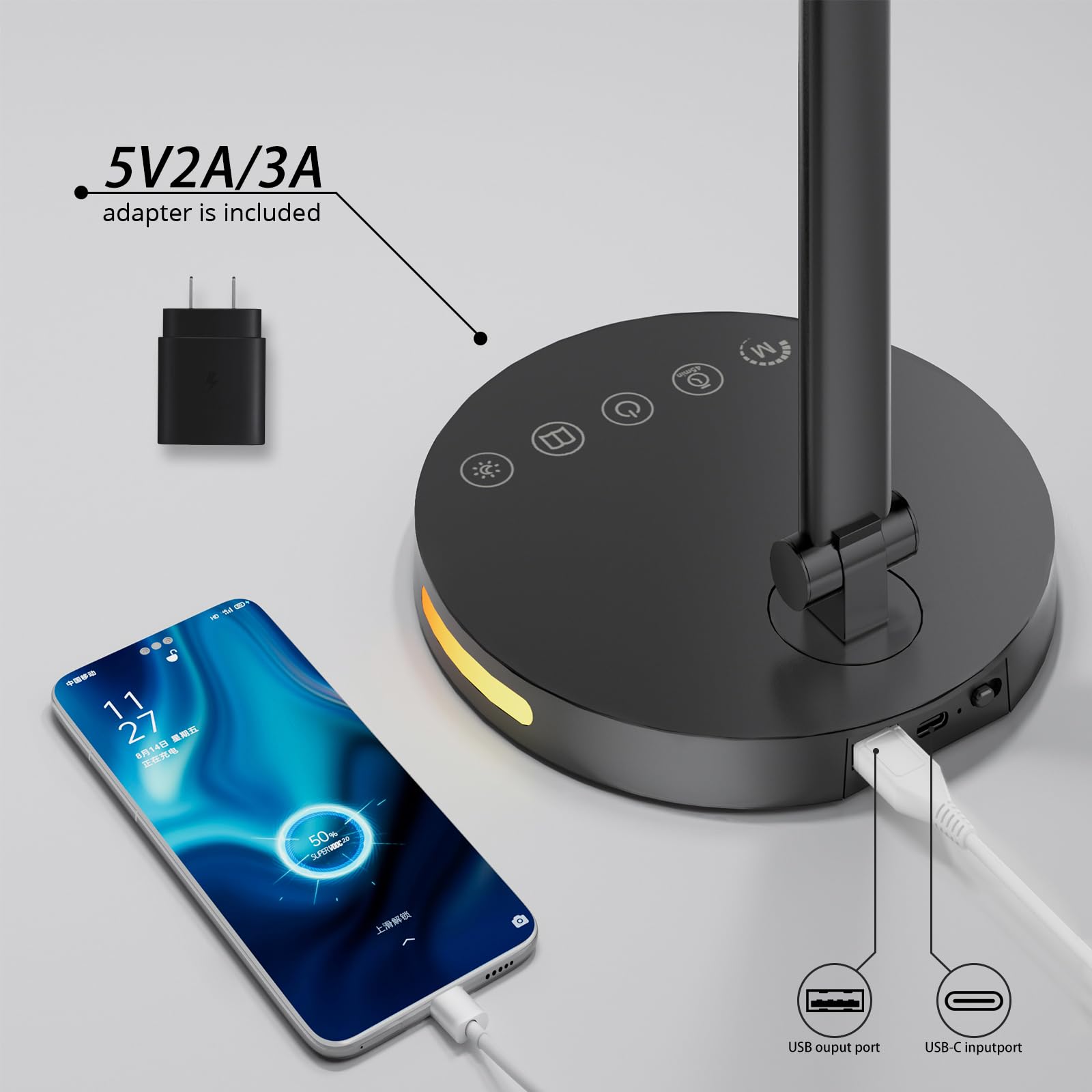 Semlos LED Desk Lamp - Dimmable with 5 Color Temperatures, Adjustable Brightness, Type-C Interface, Black, Model JB008, Adapter Included