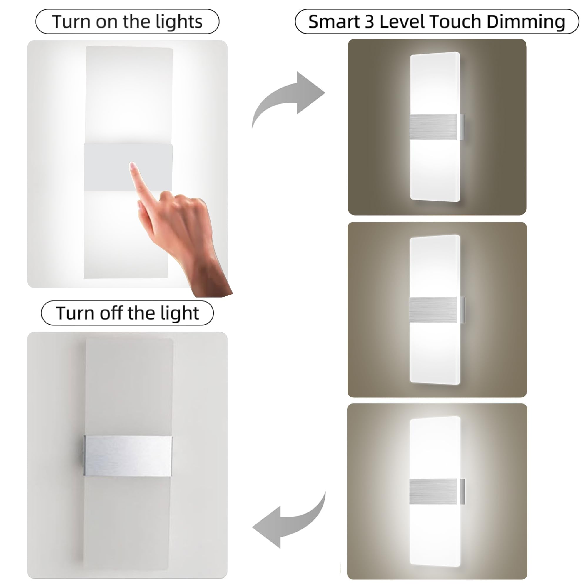 Mehidfy Wall Sconces Sets Of 2  Dimmable Touch Control Wall Lamp  Rechargeable Led Wall Sconces  Battery Operated Wall Lights  Bedside Lamp  Reading Light Bedroom With 4 Brightness (White)