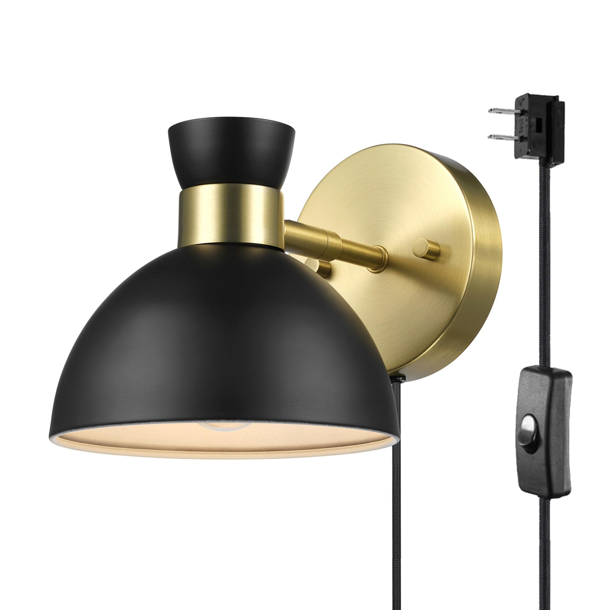 Globe Electric 65000100 1-Light Plug-in or Hardwire Wall Sconce, Matte Brass, Black Pivoting Metal Shade, 6ft Black Cord, in-Lin