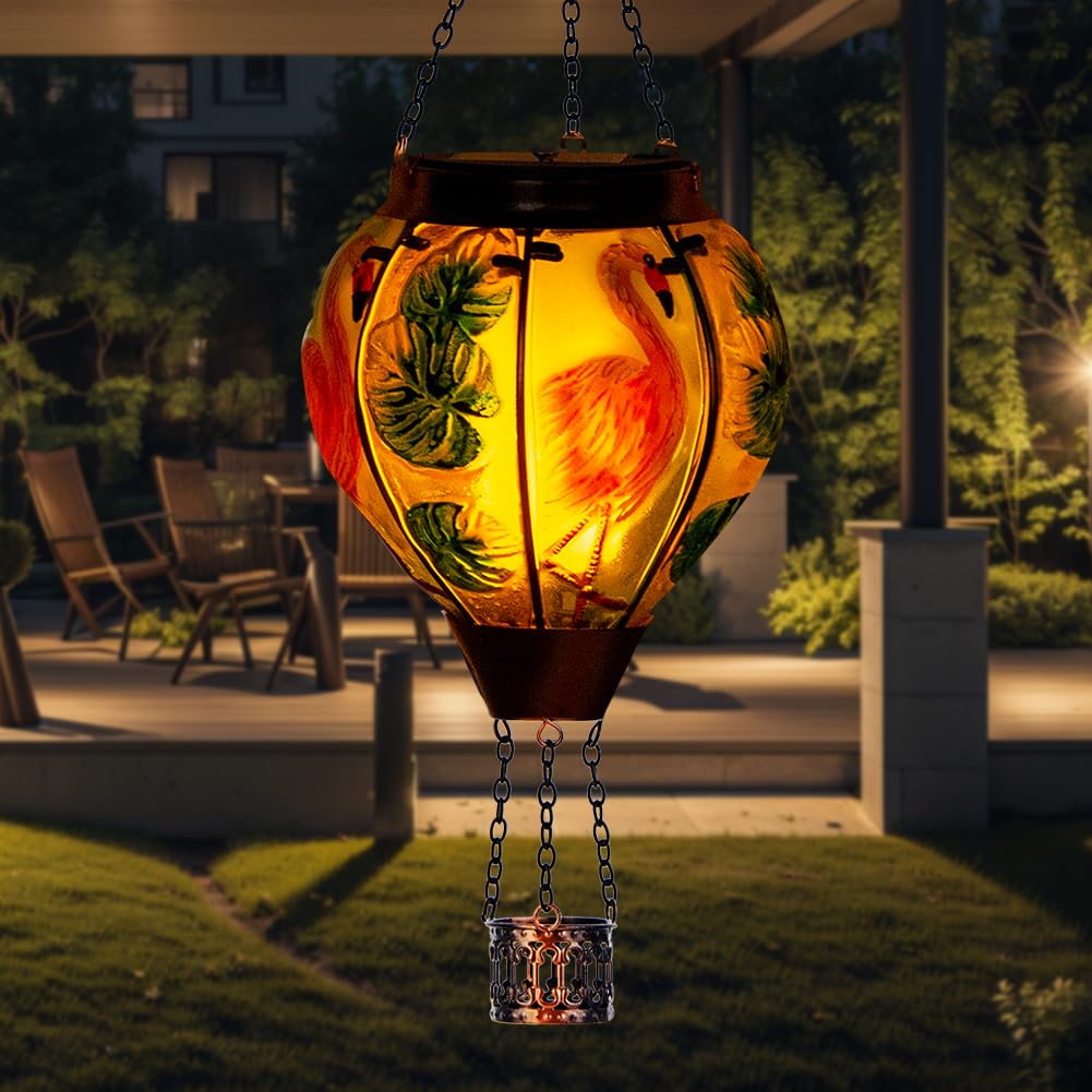 Starsoul Flamingo Hot Air Balloon Solar Lantern Solar Hot Air Balloon Flickering Flame Hanging Garden Light Metal & Glass Waterp