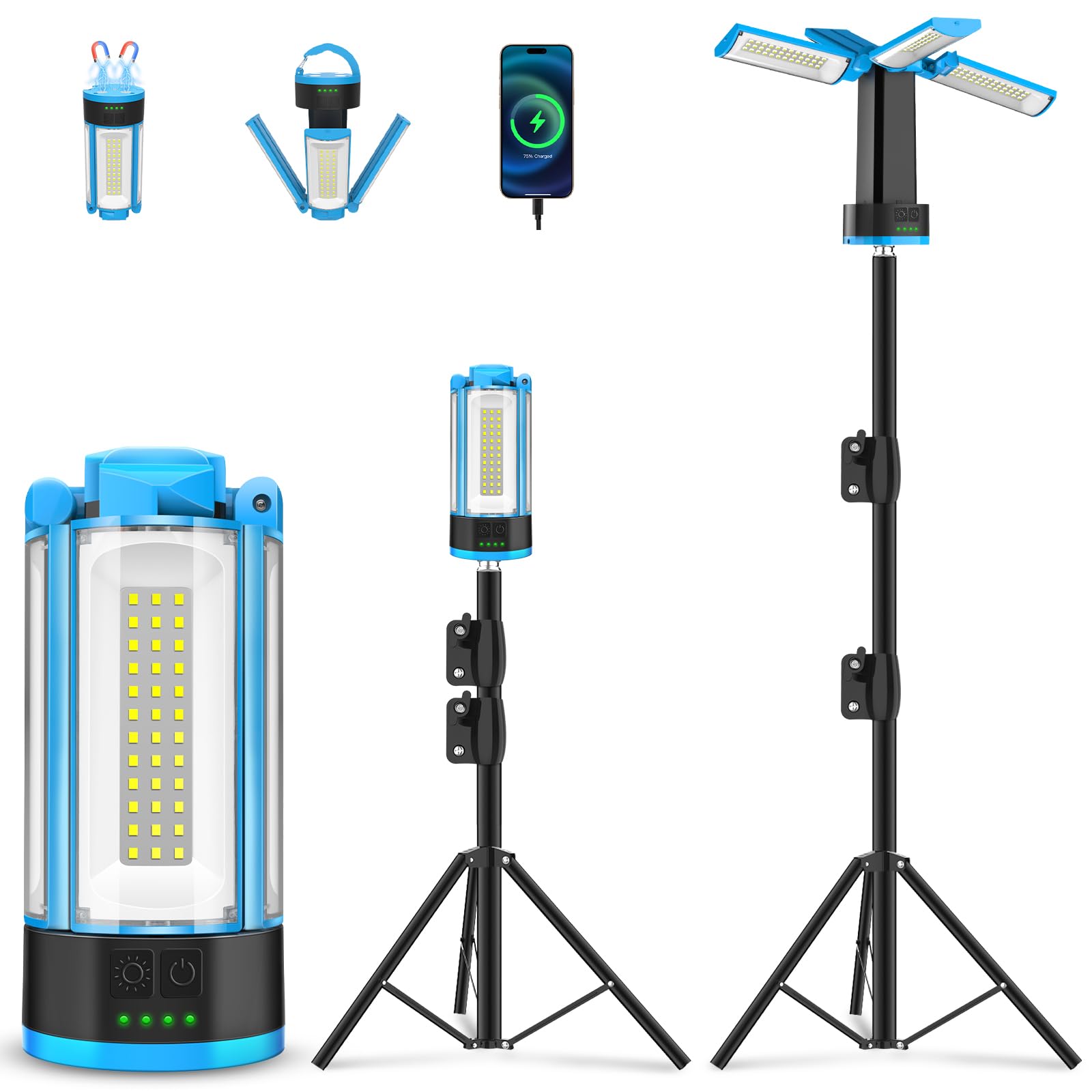 T-SUN Rechargeable 10400mAh Camping Light with Stand, Cordless Work Light with 4 LED Lamp Heads, Portable Light for 6000K Pure C