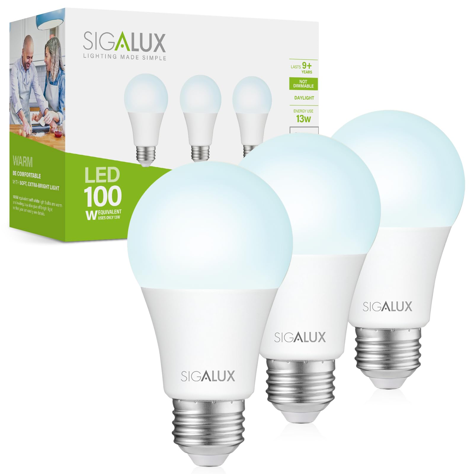 Sigalux Light Bulbs 100 Watt Equivalent Led Bulbs, A19 Daylight Standard Light Bulb 5000K White,Non-Dimmable 13W Energy Efficien