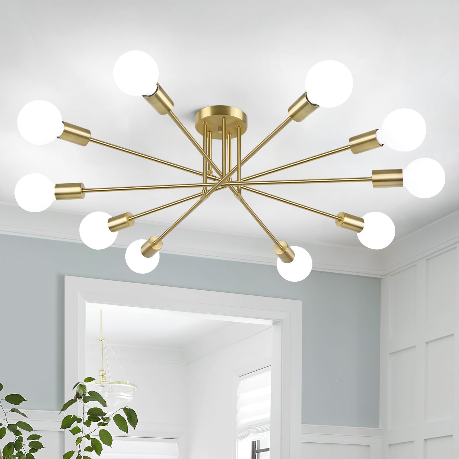 Semi Flush Mount Ceiling Light Fixture, 10-Light Modern Gold Sputnik Chandelier Industrial Ceiling Lamp for Kitchen Dining Room 