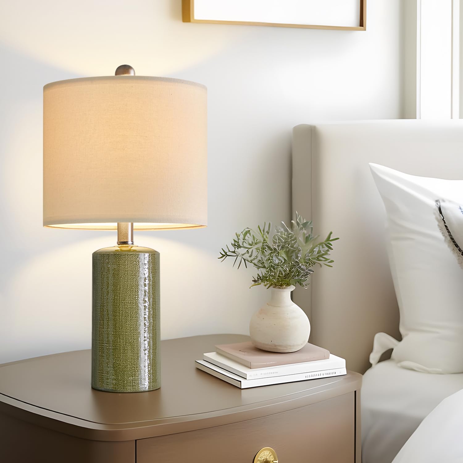 G-SAFAVA Small Ceramic Nightstand Table Lamp, 20.25" Green, Modern Farmhouse Boho Style for Bedroom and Living Room