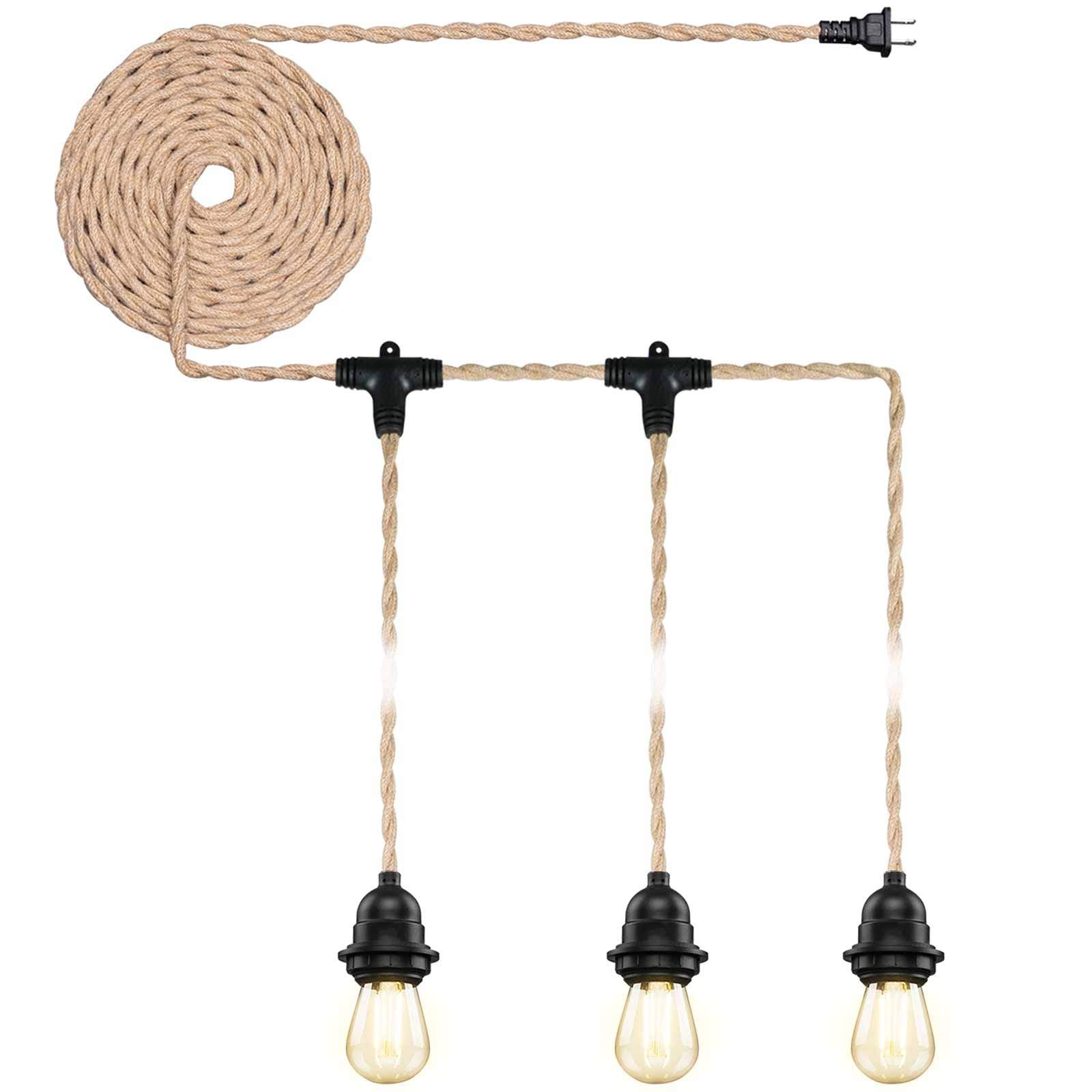 Arcomead Industrial Triple Ceiling Pendant Light, Vintage Waterproof Hemp Rope Chandelier E26