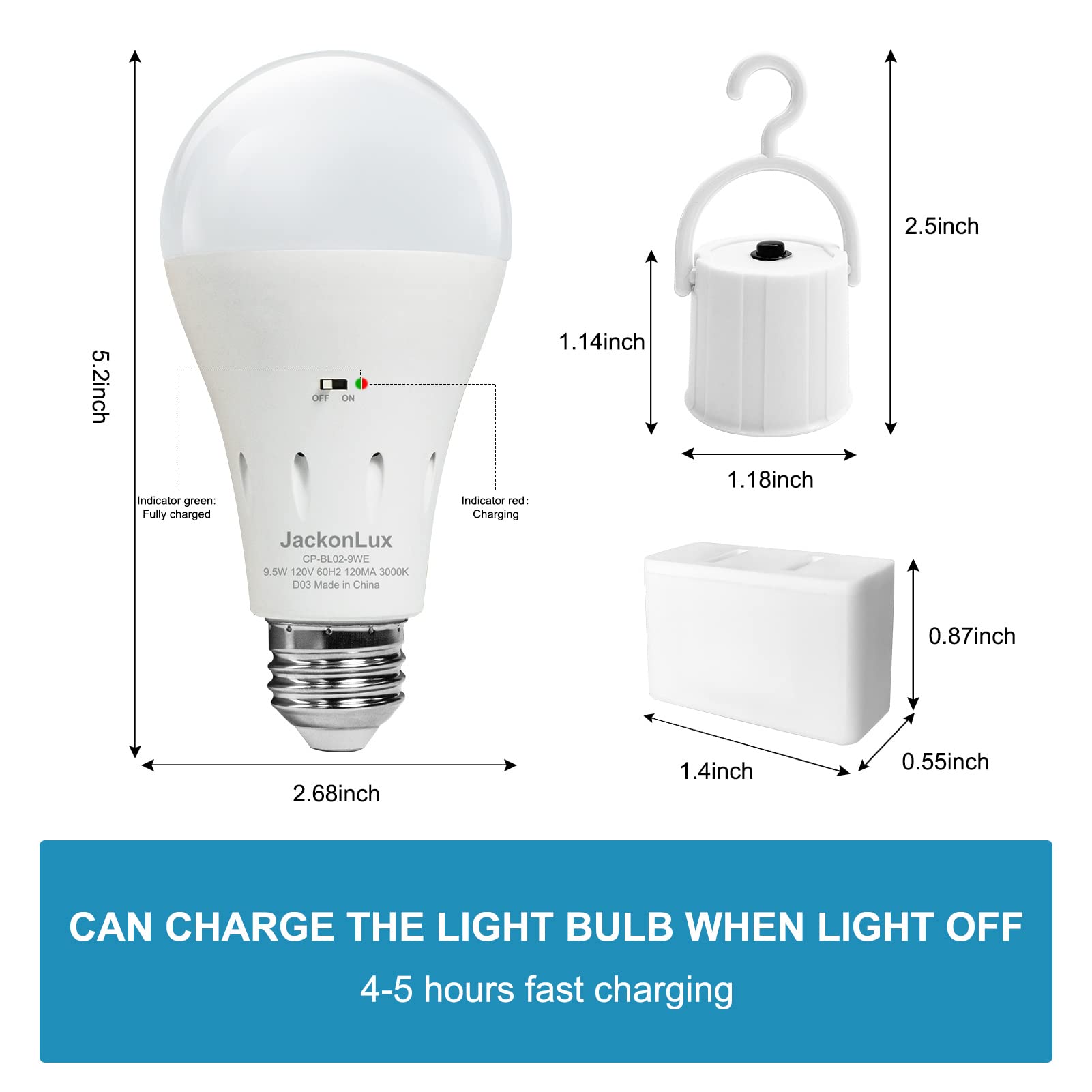 JackonLux Battery Operated Light Bulb E26 9W 3-Pack, Wireless Cordless, White with Indicator, Model CP-BL02-9WE-5000K