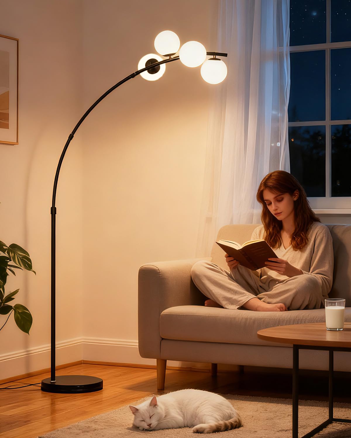 Lightdot Black Arc Floor Lamp for Living Room  4 Globe Floor Lamp with Shatterproof Shade& Mable Base  Mid Century Modern Tall Standing Lamp for Bedroom/Sofa Beside/Corner Decor(Bulbs Included)