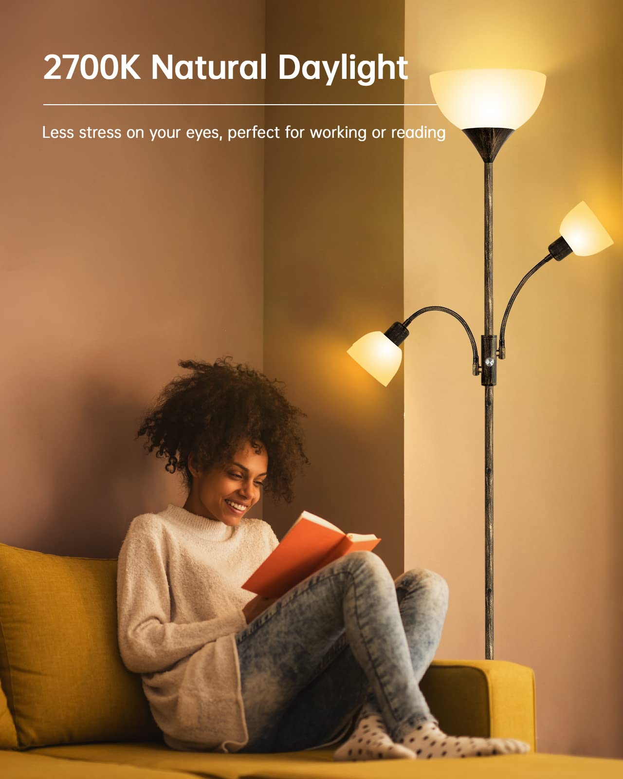 Floor Lamp, Standing Lamp, 71'' Tall Lamps For Living Room, 3 Way Switch, Plastic Lampshade, Torchiere Tree Lamp With Reading Li