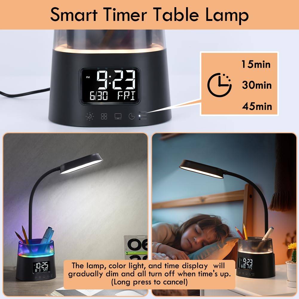 Wilit Led Kids Desk Lamp, Dimmable Study Lamp For Home Office Desk Accessories, With Pen Holder & Clock, Usb Charging, Rgb Night
