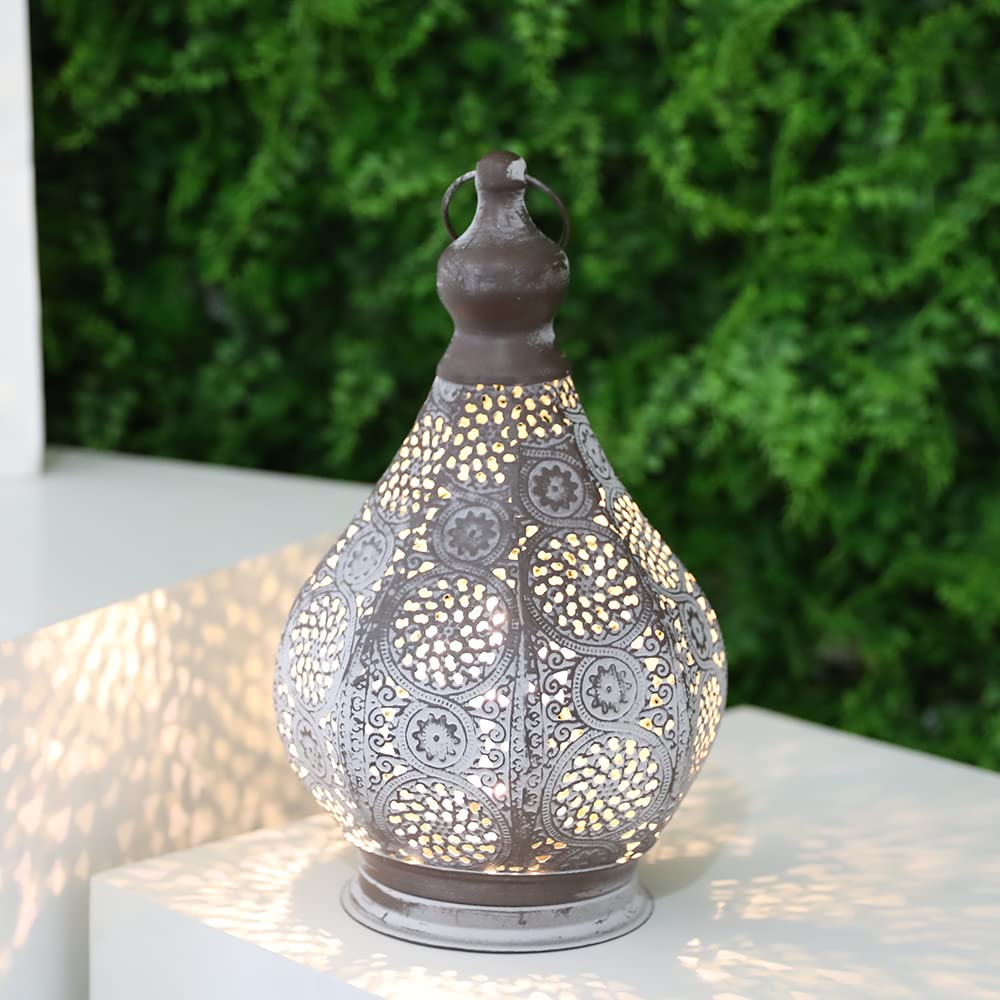 Jhy Design Vintage Moroccan Lantern Table Lamp, Battery Powered, 11.5&quot; Metal Cordless Lamp