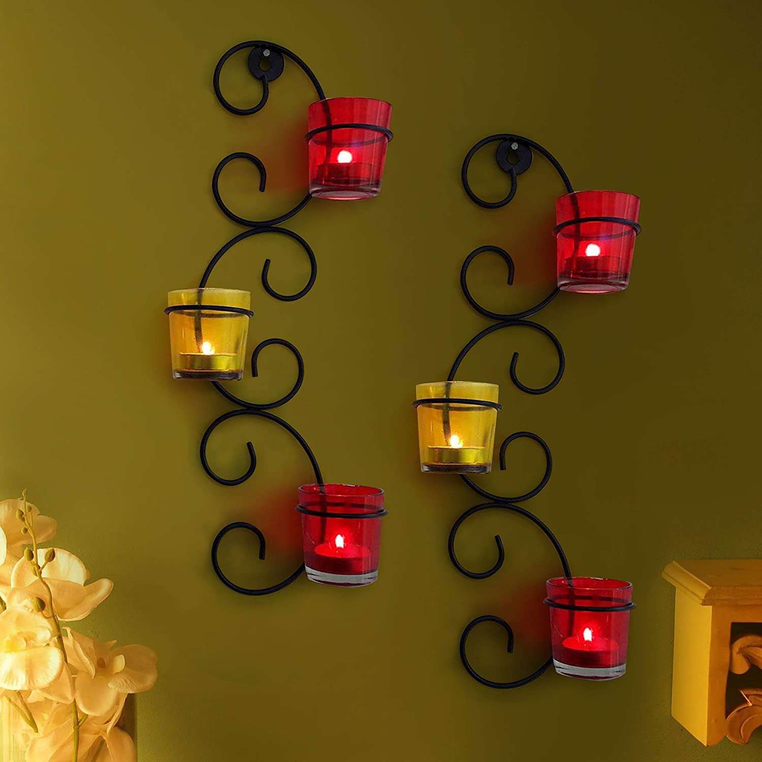 TIED RIBBONS Decorative Wall Hanging Tea Light Candle Holder Metal Wall Sconce with Glass Cups - Christmas Decorations Items for