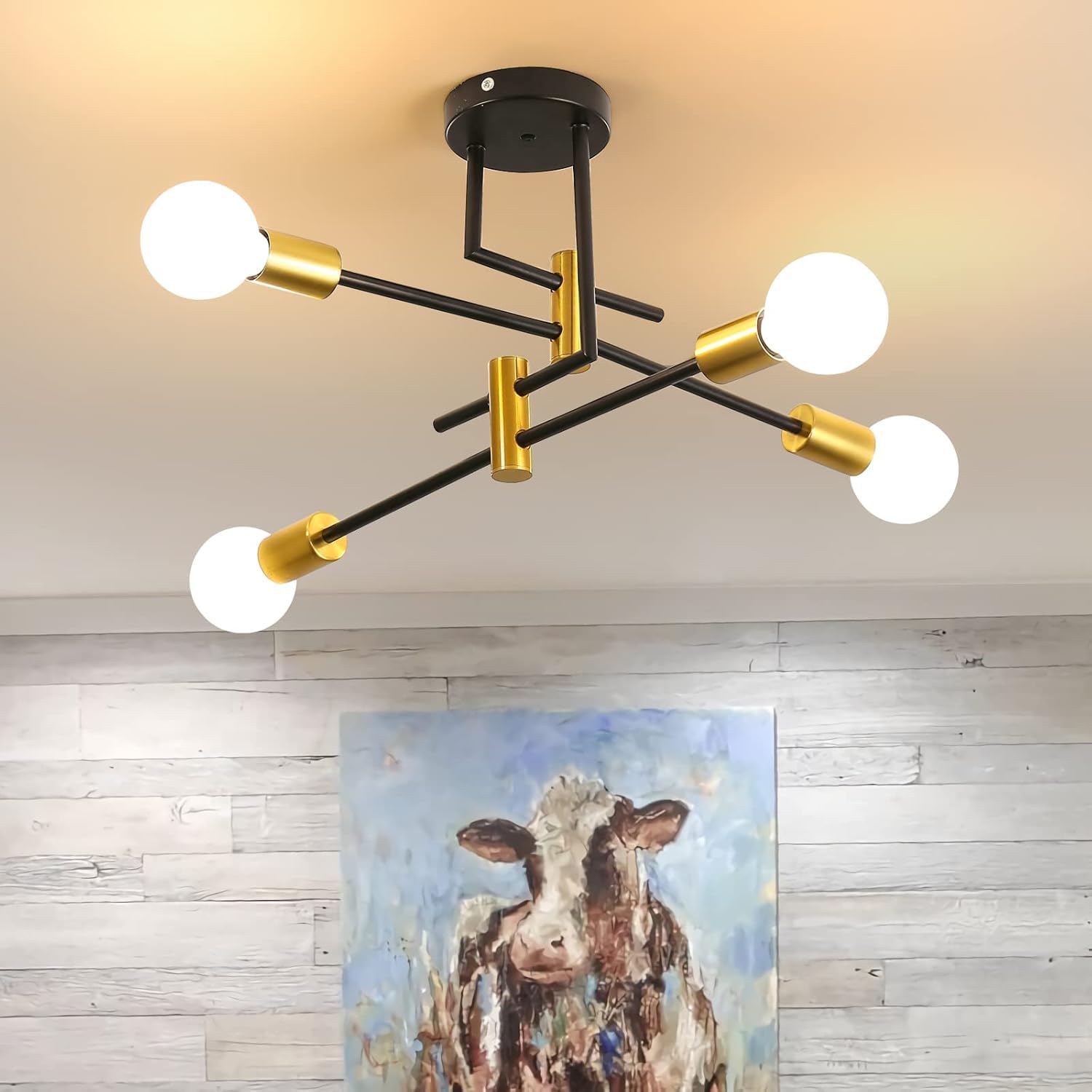 Delipop Sputnik Light Fixture, 4 Light Black And Gold Modern Sputnik Chandelier Ceiling Light, E26 Industrial Metal Semi Flush M