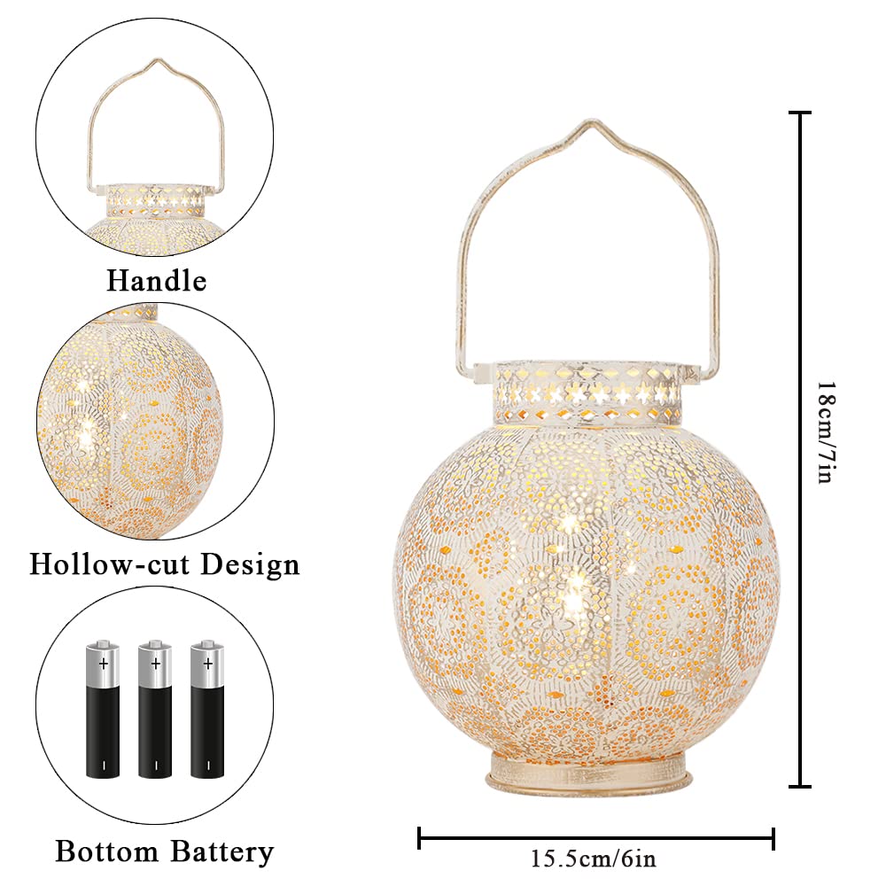 TRIROCKS Moroccan Decorative Lamps Set of 2, 7in  High, Battery Powered, Metal, White, Model 9173-R, Indoor/Outdoor Tabletop Lights