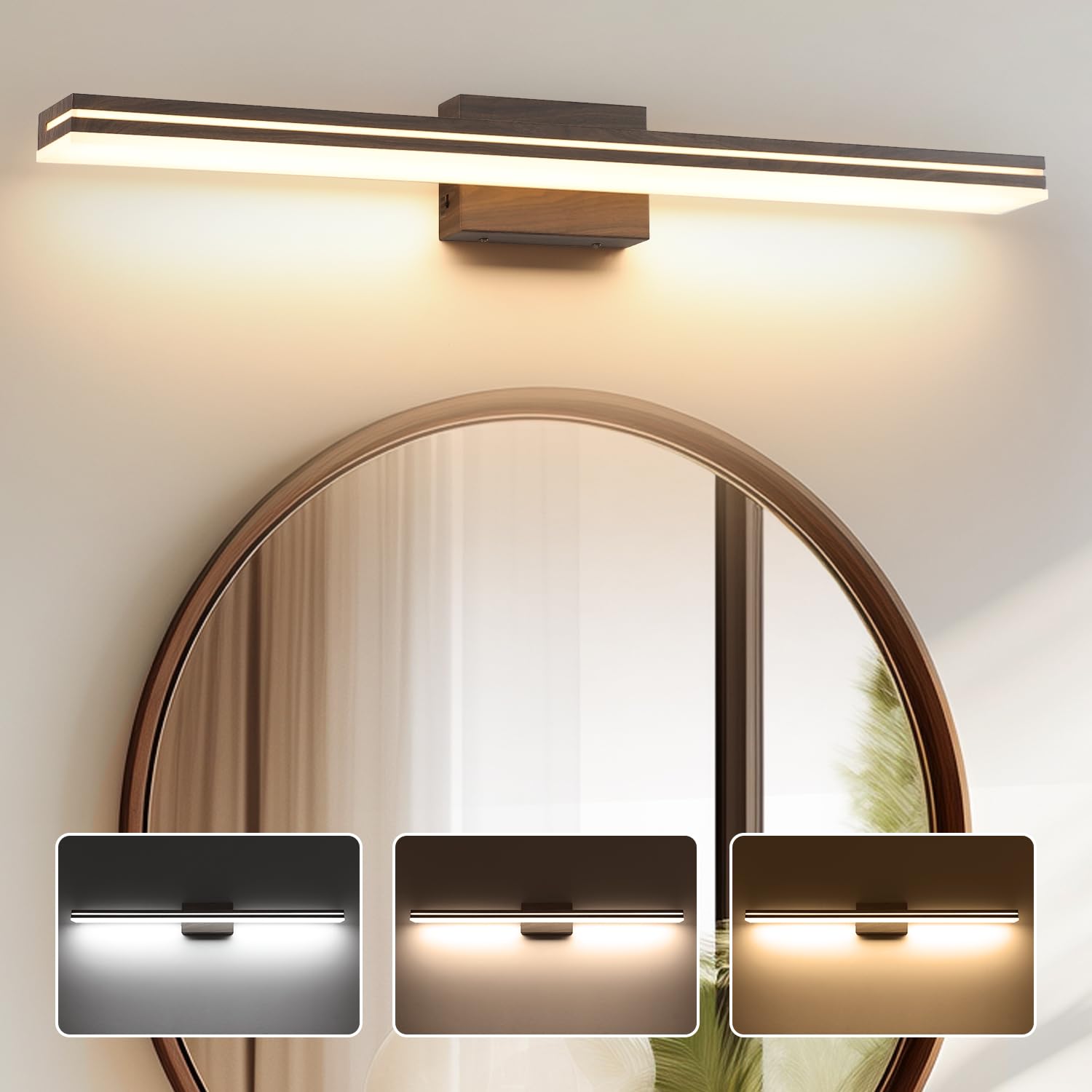 SineRise LED Modern Bathroom Vanity Light Fixtures (40-Inch, 3000K/4000K/6000K, Dimmable), Brown Wood Painted Modern Acrylic Bat