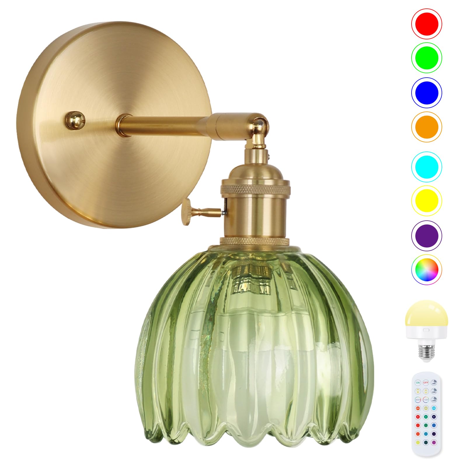 EIDEARAY Battery Operated Wall Sconce, Vintage Design, Glass, Tulip Green, Model YLC-BRO3TB, Remote Control, Rechargeable