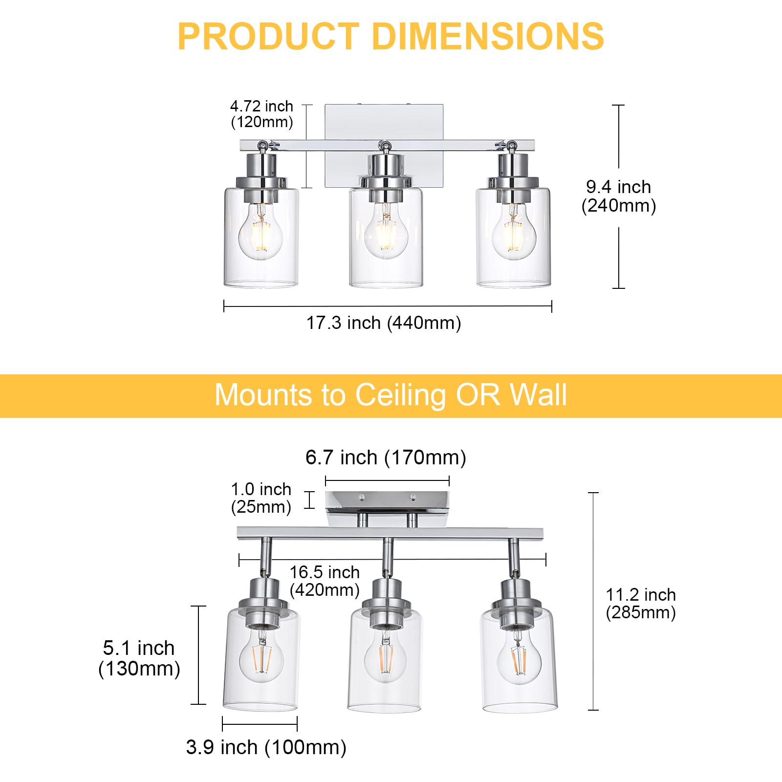 Wanluce 3-Light Track Lighting Kit Ceiling Kitchen Track Lighting Fixtures Chrome Bathroom Vanity Wall Lights With Clear Glass Multi-Directional Rotating Tracking Light Heads Spotlight For Accent Shop