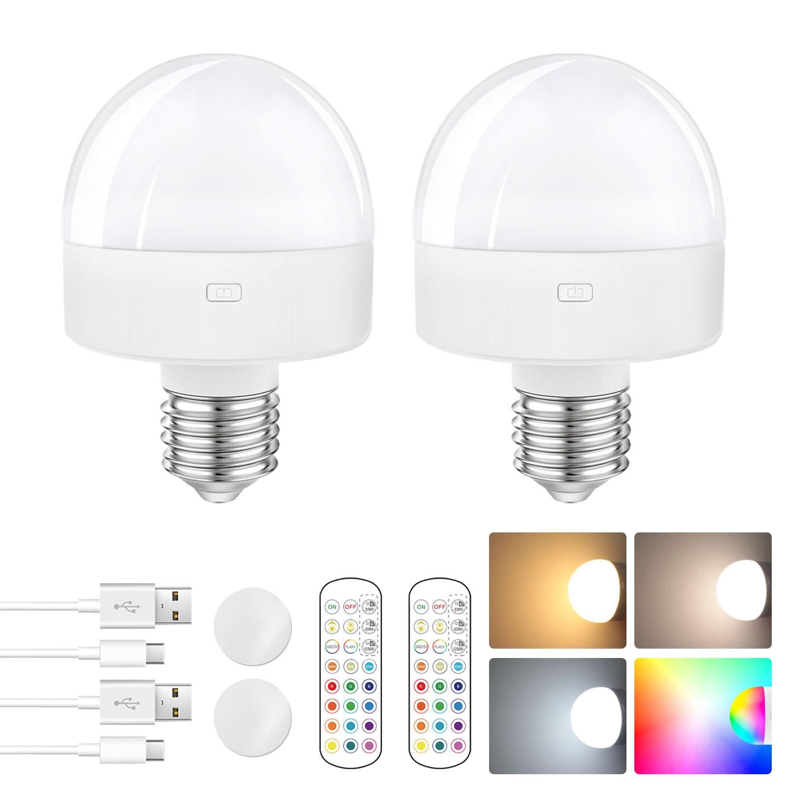 TAIYALOO E26 Rechargeable Light Bulb with Remote, 15 Colors, Timer, Dimmer, 2 Pack