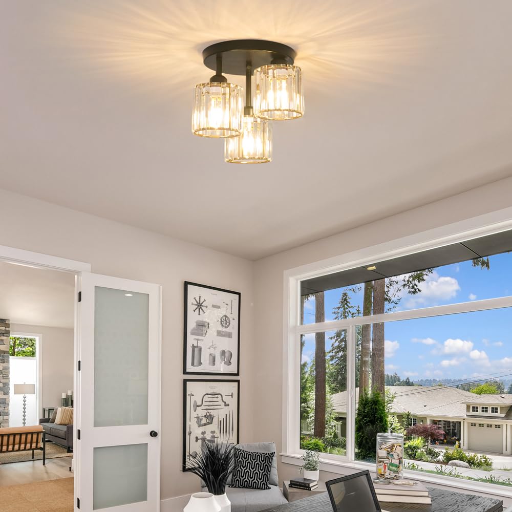 Crystal Semi Flush Mount Ceiling Light, 3-Light Modern Close To Ceiling Light Fixtures, Black Kitchen Light Fixtures With Clear