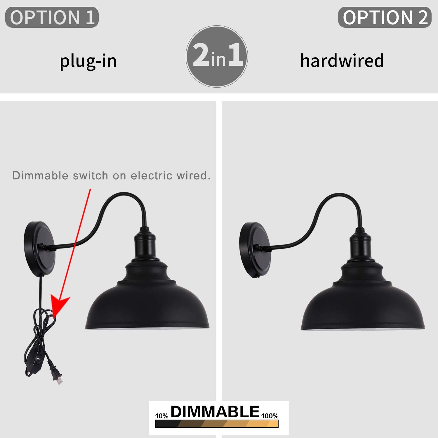 Larkar Dimmable Vintage Wall Lamp Black Industrial Vintage Farmhouse Wall Sconce Lighting Gooseneck Wall Light Fixture with Plug