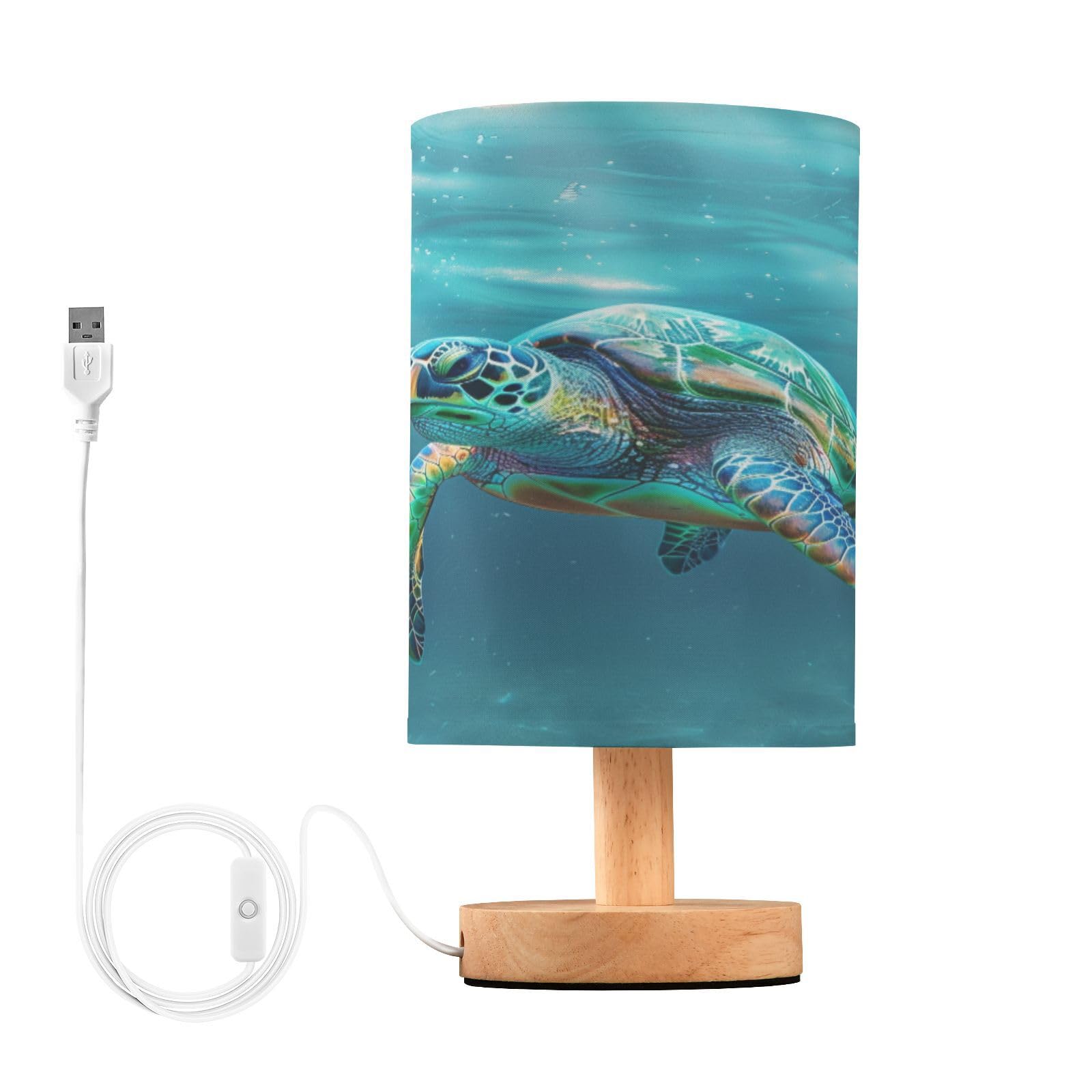 BOENLE Bedside Lamp Turtle Teal Underwater Table Lamp for Bedroom LED Nightstand Lamp Shade USB Ports Wood Base for Living Room 