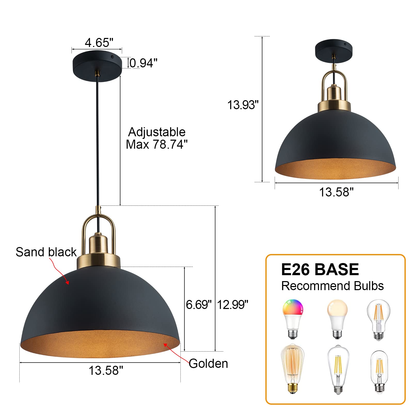 Yhanfengcy 2 Vintage Industrial Pendant Light 13.58 ''Dome Black And Gold Chandelier Lighting Brass Socket Chandelier Line Lengt