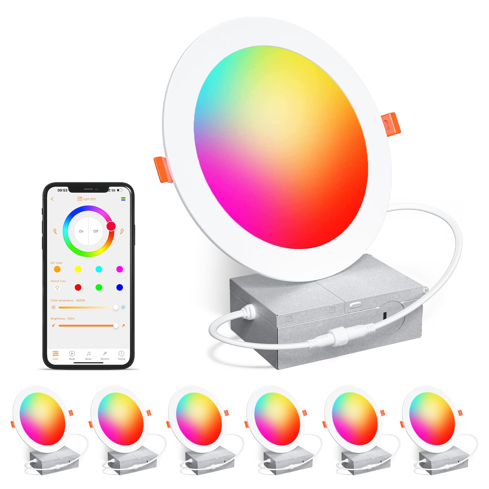 Smart Recessed Lighting 6 Inch RGBCW Color Changing 16W LED Recessed Ceiling Light with Junction Box,1350LM Canless Wafer Downli