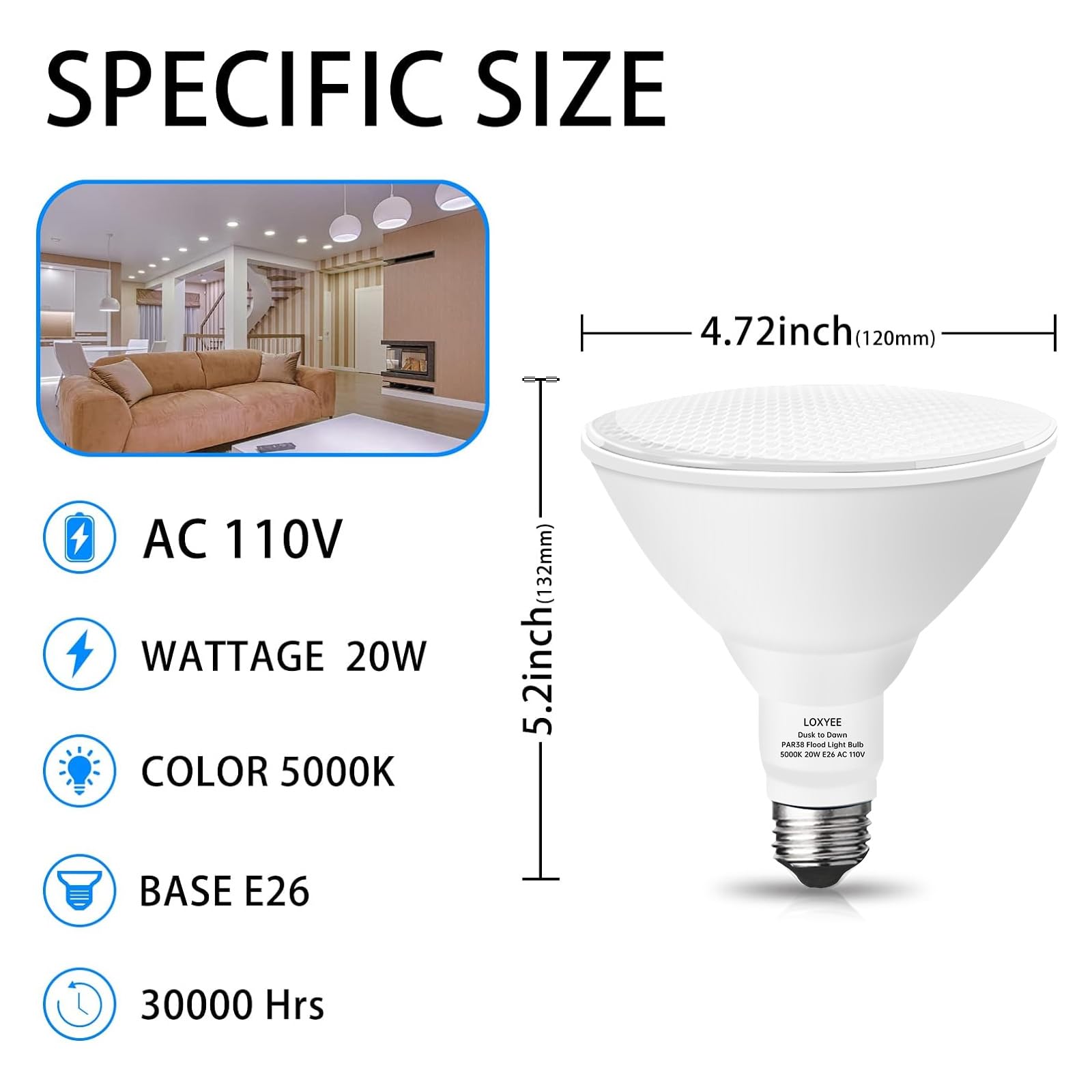 Loxyee 2 Pack Led Par38 Dusk To Dawn Flood Light Bulbs Outdoor ,20W(200W Equivalent) E26 Base Flood Light Bulbs,5000K Daylight 1800 Lumens Led Flood Light For Outdoor Garden,Garage,Yards