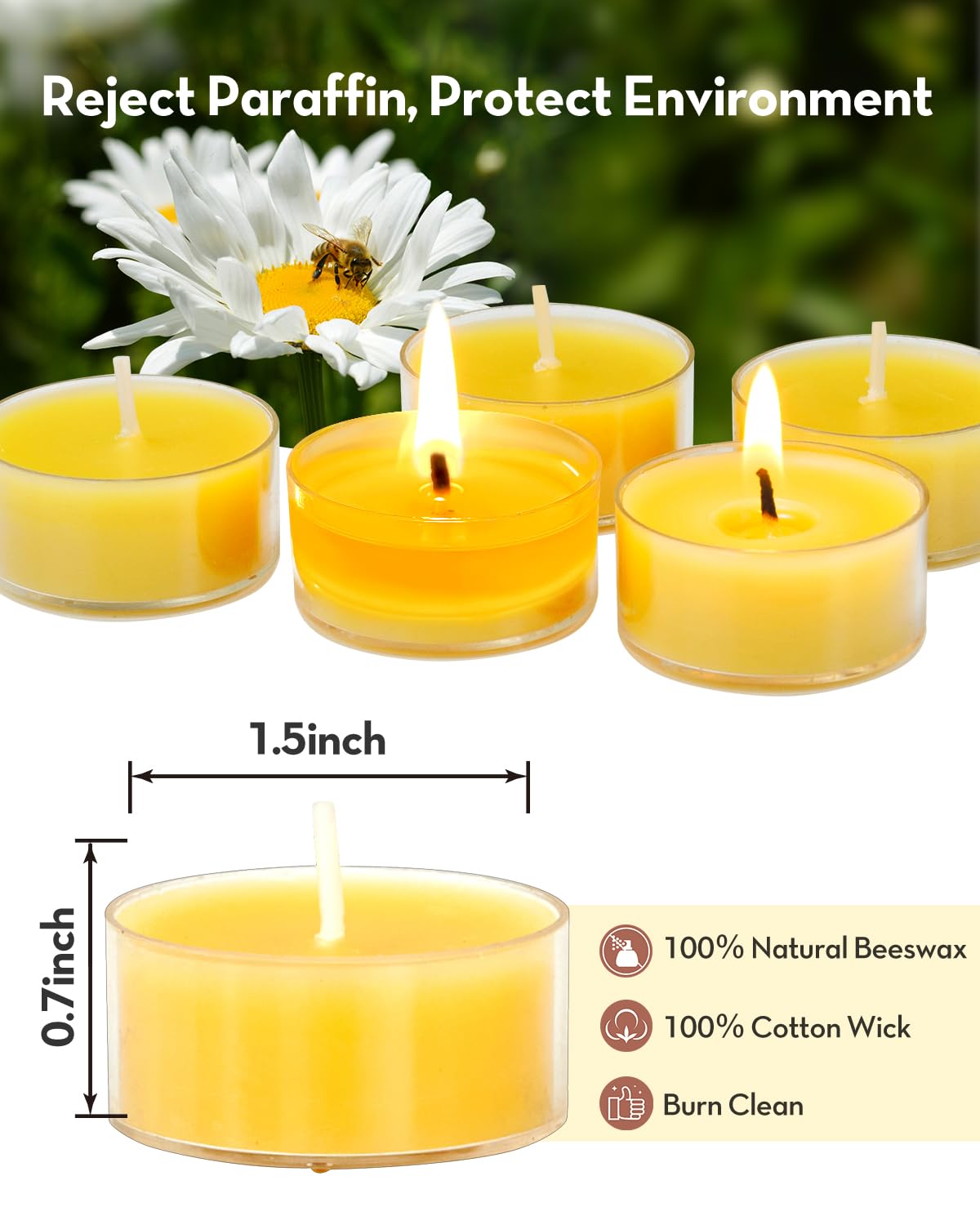 Ashlux Unscented Beeswax Tealight Candles 20 Pack, 4 Hours Long Burning Handmade Yellow Tea Lights Candles, Clear Cup Smokeless Beeswax Candles For Wedding, Party, Centerpiece & Christmas