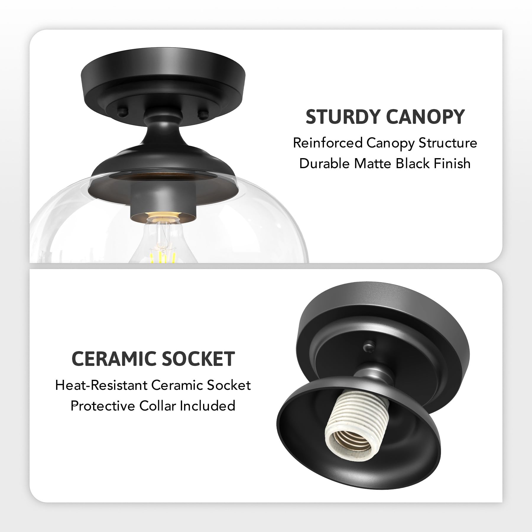 Vonluce Semi Flush Mount Ceiling Light, 8.3'' Ceiling Light Fixture With Clear Glass Shade, Ceramic E26 Base, Industrial Ceiling