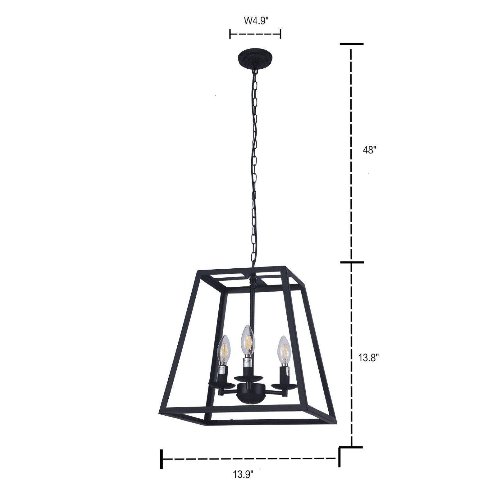 Raekor 14" Modern Black Metal Iron Frame Square Cage Chain Hanging Chandelier Ceiling Light 3-Bulbs Lantern Lighting Fixture, Matte Black Finish, Ul Certificated