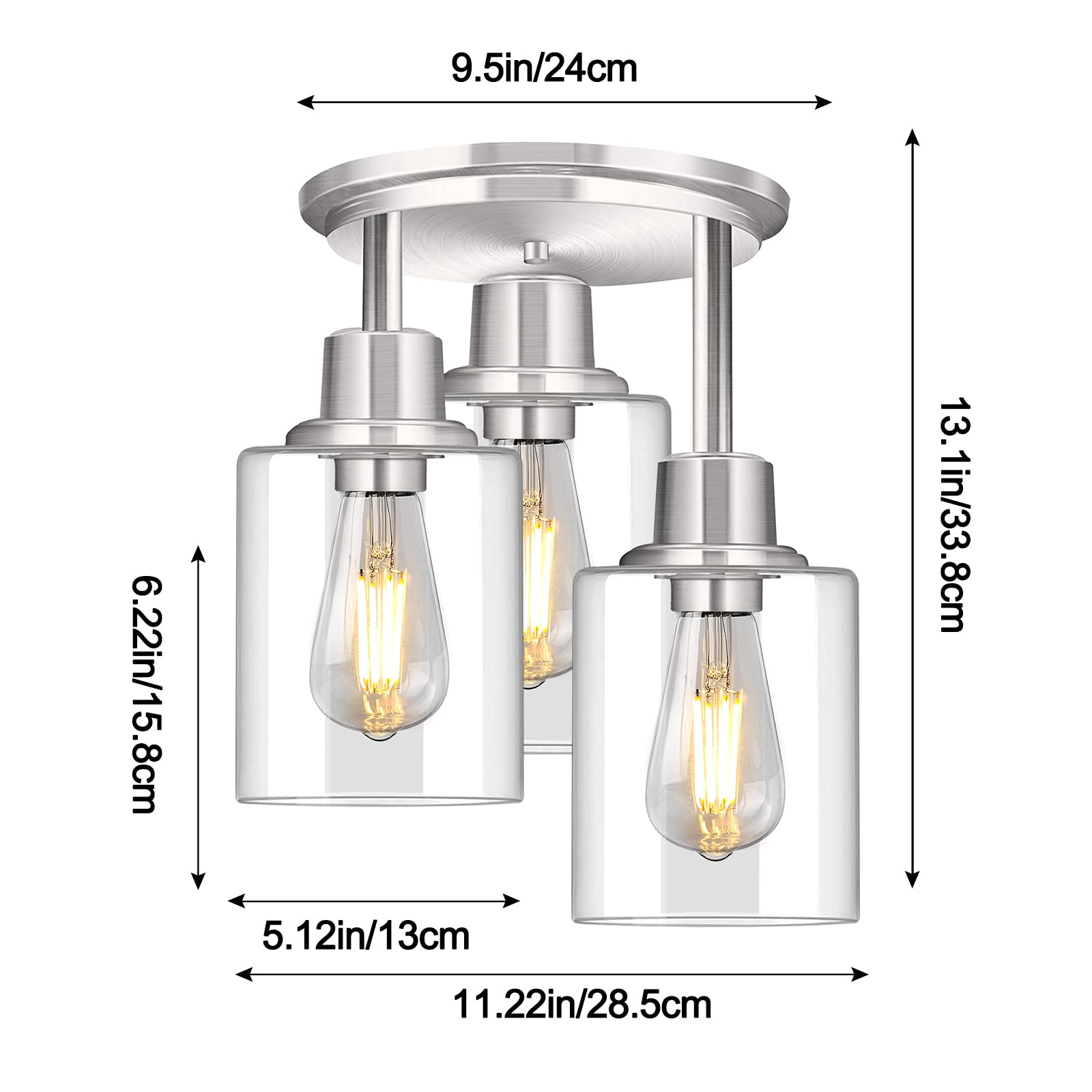 ROTTOGOON Semi Flush Mount Ceiling Light, Brushed Nickel, 3-Light Fixture with Clear Glass Shades, Modern Design for Kitchen and Hallway