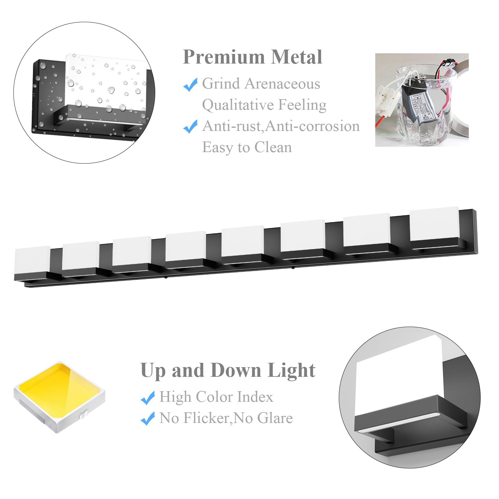 Tipace 8 Lights Modern LED Vanity Light, Matte Black, GW-1103, Up and Down Bathroom Light Fixtures, 6000K White Light
