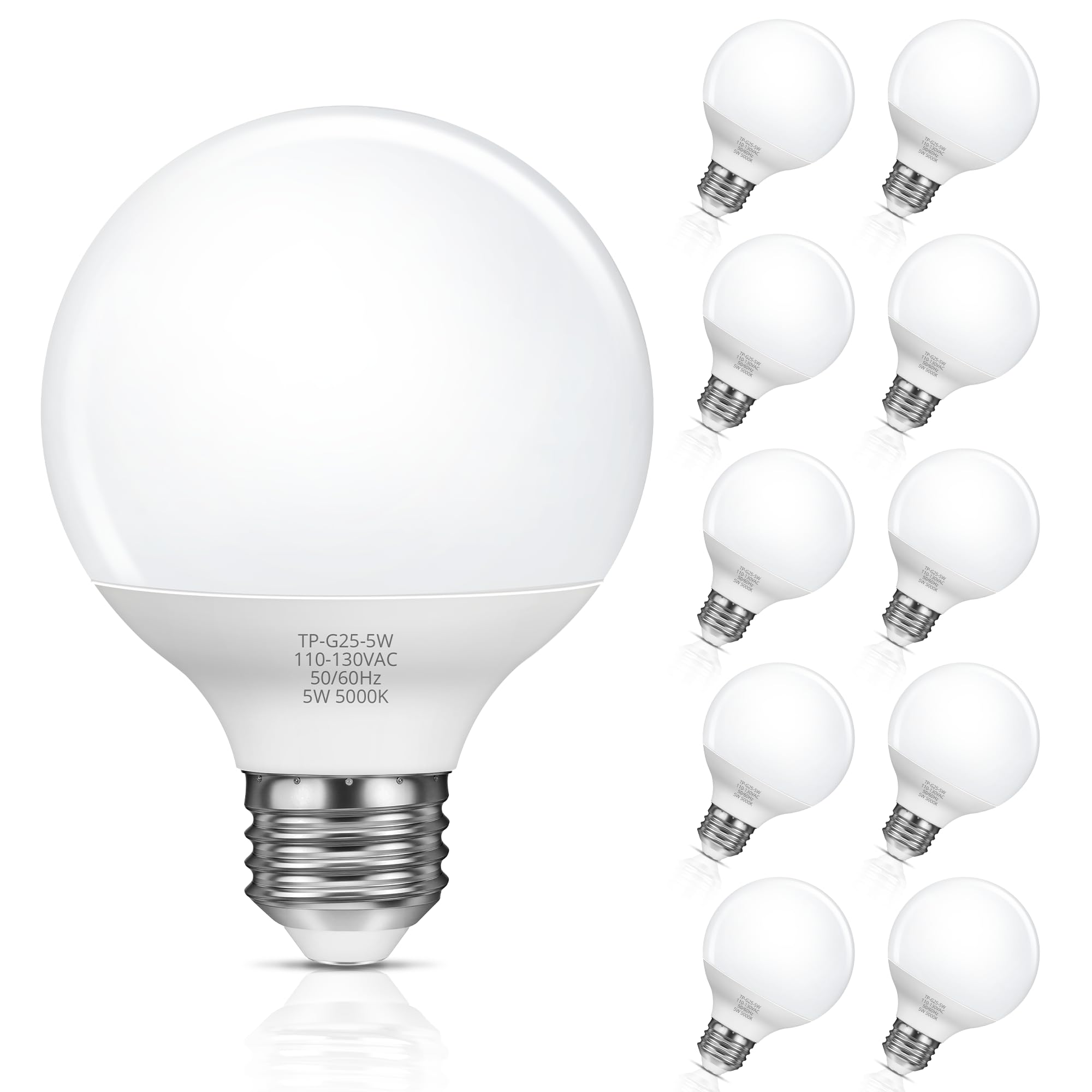 MAXvolador G25 LED Globe Light Bulbs 60W Equivalent  Daylight White 5000K Bathroom Vanity Round Bulb  500LM E26 LED for Makeup Mirror  Non-Dimmable 10 Pack