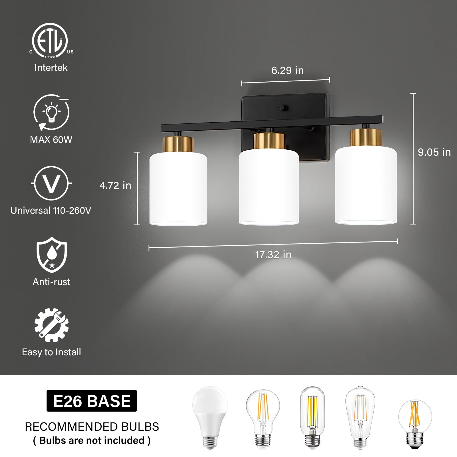 Fonmyim Black And Gold Bathroom Light Fixtures, 3-Light Modern Vanity Light Over Mirror, Wall Sconces With Milky White Frosted G