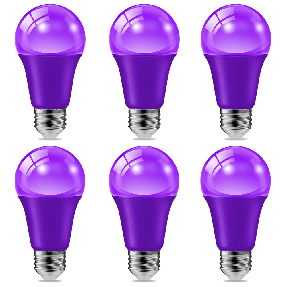 Haraqi 6 Pack 9W (60W Equivalent) 120V E26 Base A19 Led Colored Light Bulb  Purple Led Lights For Party Christmas Decor And Halloween Lighting