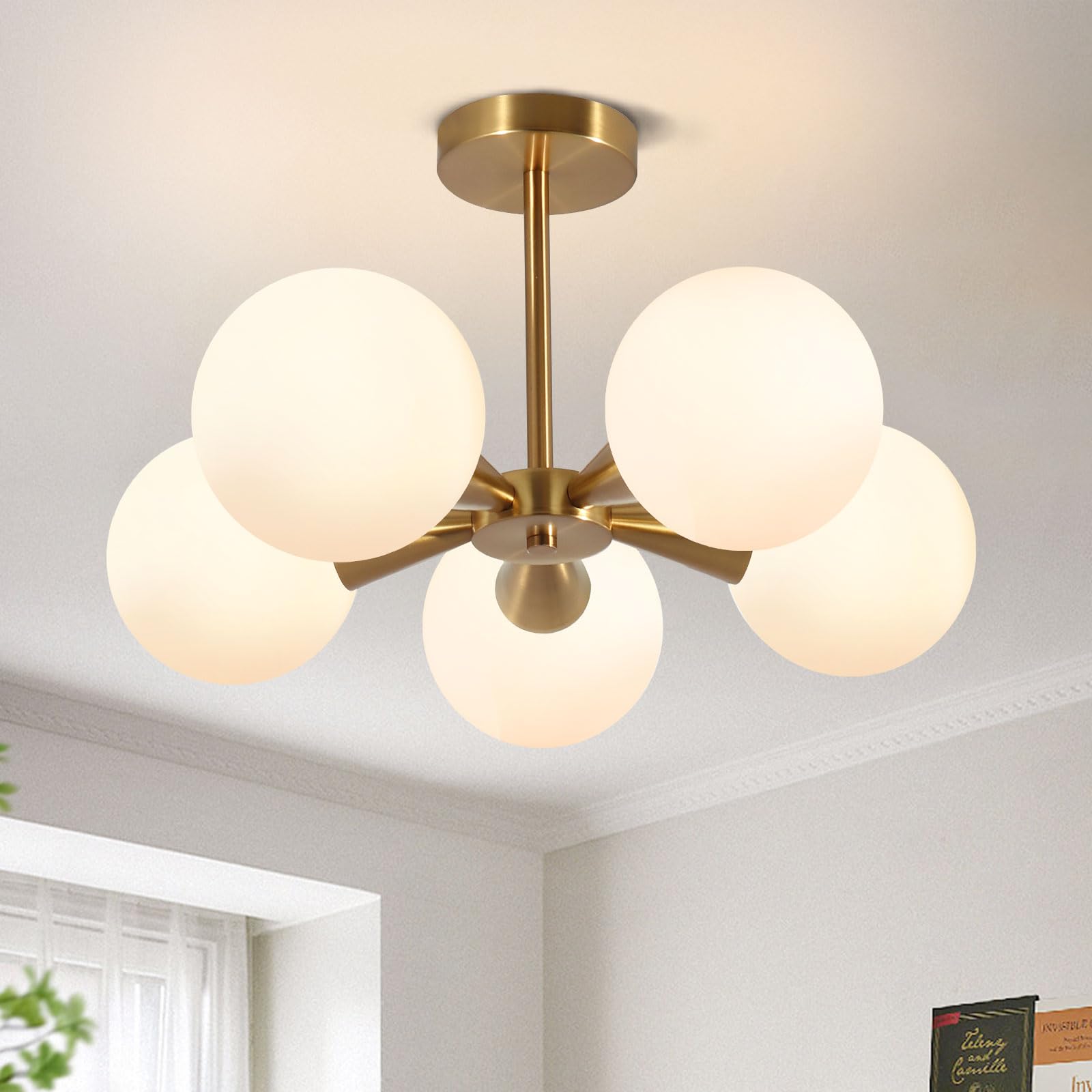 Bektas 5-Lights Semi Flush Mount Ceiling Light Fixture Brushed Gold Light Fixture Straight Bar Modeling With Milk Glass Globe For Bedroom,Living Room, Dinning Room Foyer Hallway