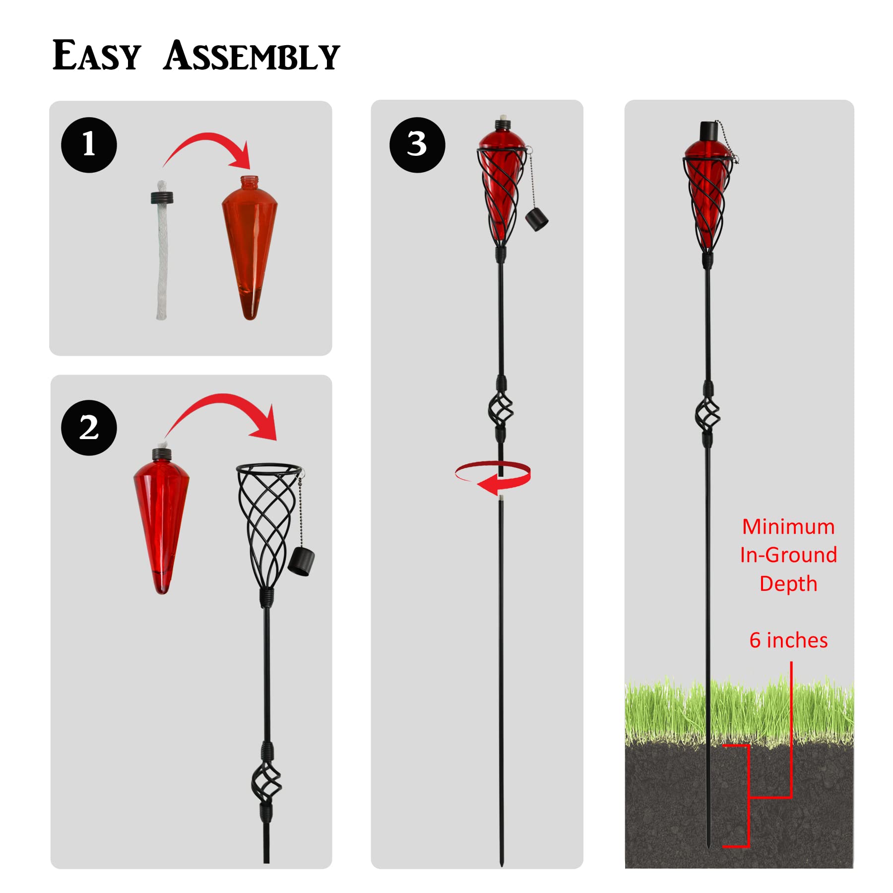Westcharm 4 Pack Glass Garden Torch Lights - 60" Green Metal, Citronella Fuel, Outdoor Lighting for Patios and Gardens, Model GD10872